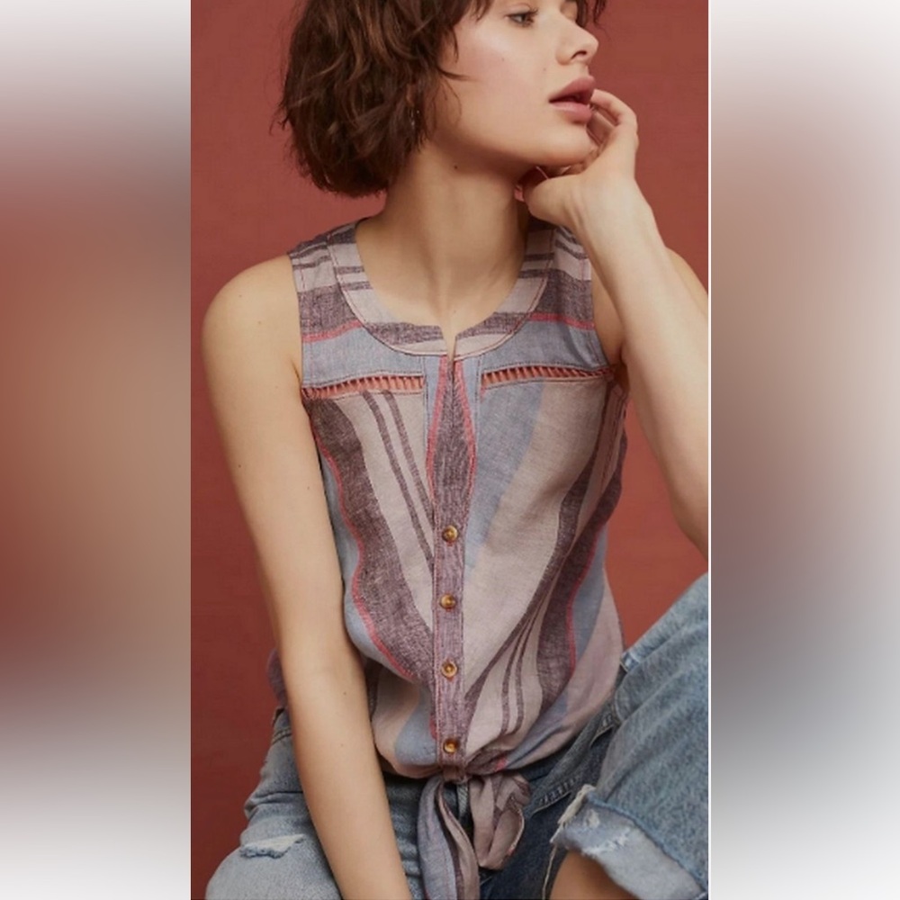 Maeve By Anthropology 100% Linen Striped Tie Front Tank Top. Size 0